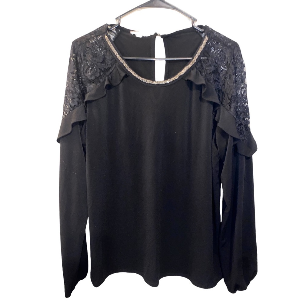Maurice’s dark black Nwot, beaded collar, ruffled long sleeve Top Xl stretch